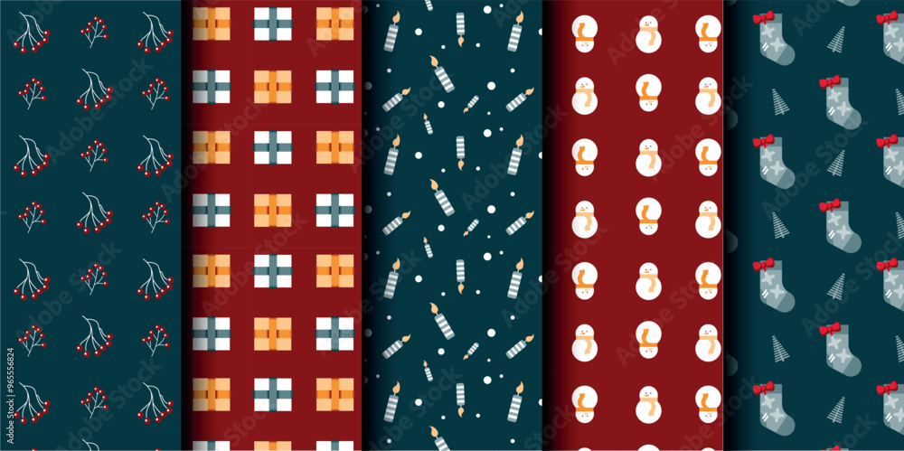 Fototapeta premium Set of Christmas vector seamless pattern. Merry Christmas and Happy New Year. Christmas symbols background. Vector red and blue seamless illustration