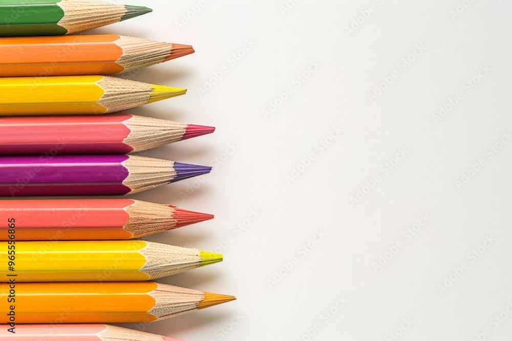 Colored pencils arranged in a neat row on the left side, with the pencil tips pointing towards the center of a white background. Horizontal photo with copy space. Colored pencils arranged in a neat row on the left side, with the pencil tips pointing towards the center of a white background. Horizontal photo with copy space.