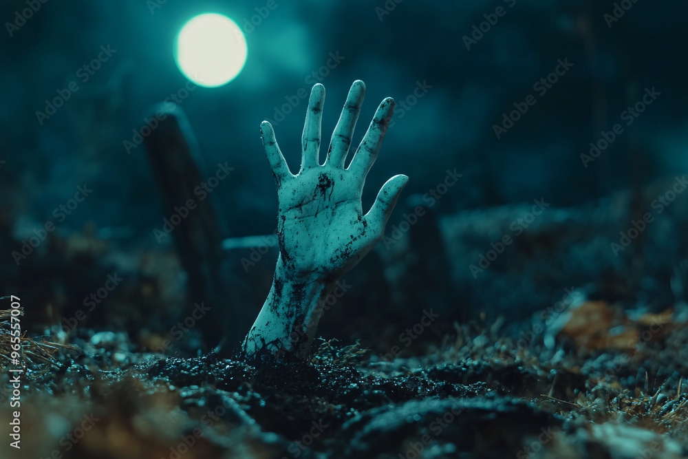 Fototapeta premium decayed hand emerges from a grave reaching out into the night sky with a bright moon casting an eerie light over the scene