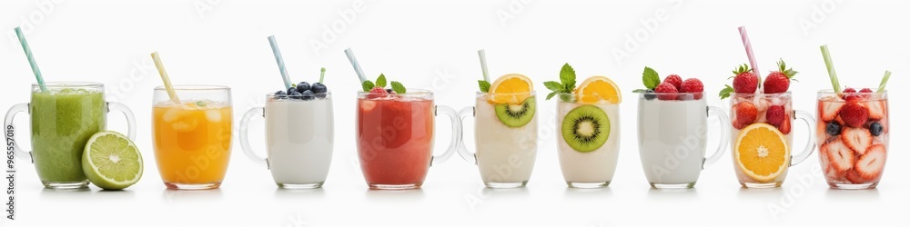 A line of eight mugs, each filled with a different colorful fruit smoothie, is arranged in a straight line against a white background, with each mug having a straw and a slice of fruit A line of eight mugs, each filled with a different colorful fruit smoothie, is arranged in a straight line against a white background, with each mug having a straw and a slice of fruit