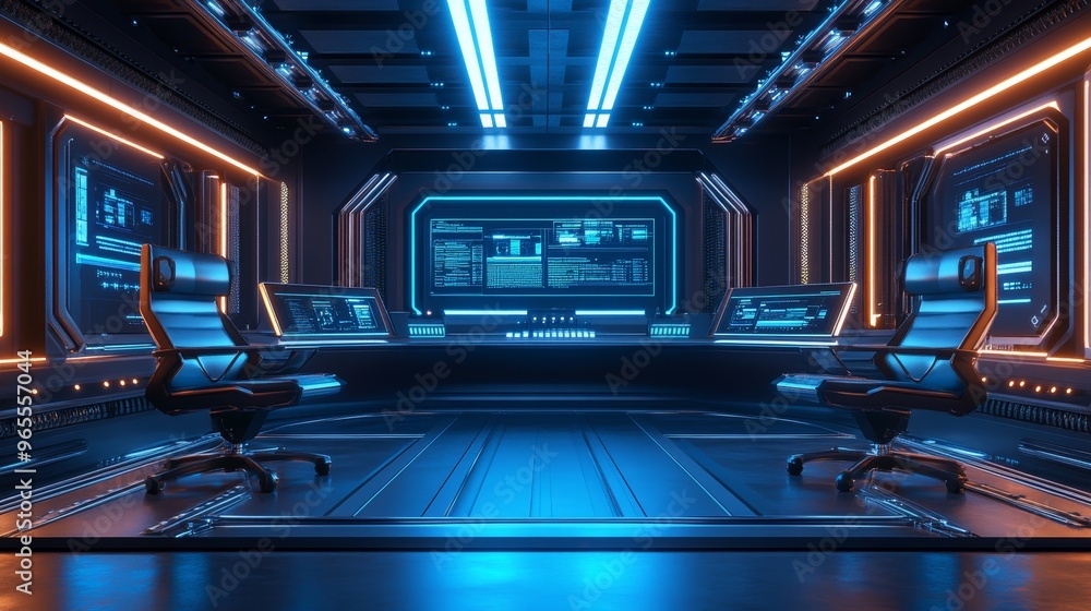 Obraz premium A futuristic podcast studio with sleek metallic chairs, glowing blue LED microphones, and an advanced control panel, set against a dark, high-tech backdrop. Perfect for tech-focused content, with plen