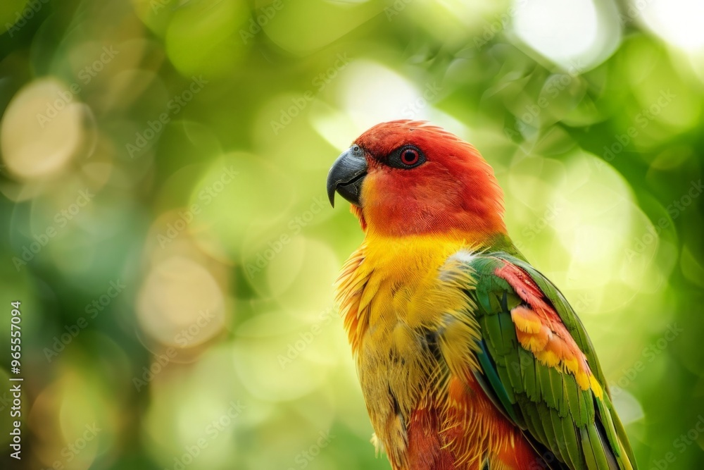Colorful bird perched on a rock, displaying vibrant plumage with shades of red, orange, blue, and pink against a blurred green background. Horizontal photo with copy space. Colorful bird perched on a rock, displaying vibrant plumage with shades of red, orange, blue, and pink against a blurred green background. Horizontal photo with copy space.