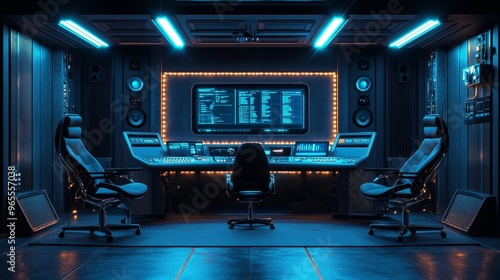 A futuristic podcast studio with sleek metallic chairs, glowing blue LED microphones, and an advanced control panel, set against a dark, high-tech backdrop. Perfect for tech-focused content, with plen photo