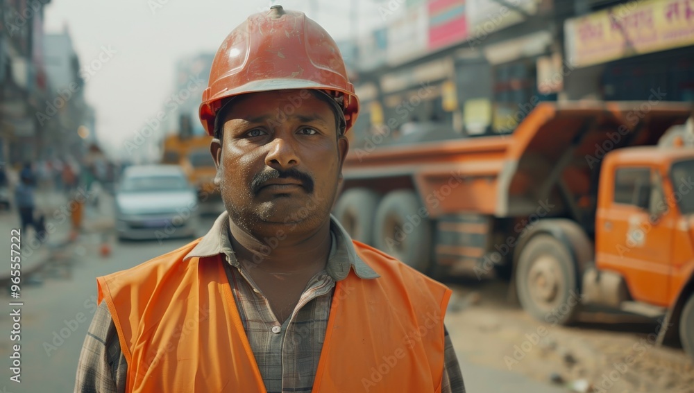 Fototapeta premium Indian construction worker wearing an orange vest and helmet, standing street with a busy city background, a team working behind him. Developing country and third world improvement