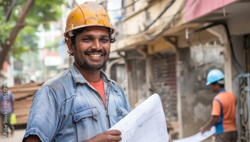 Indian construction worker wearing an orange vest and helmet, standing street with a busy city background, a team working behind him. Developing country and third world improvement Indian construction worker wearing an orange vest and helmet, standing street with a busy city background, a team working behind him. Developing country and third world improvement