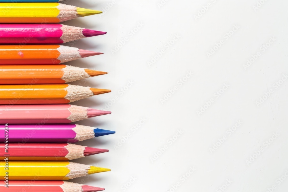 Colored pencils arranged in a neat row on the left side, with the pencil tips pointing towards the center of a white background. Horizontal photo with copy space. Colored pencils arranged in a neat row on the left side, with the pencil tips pointing towards the center of a white background. Horizontal photo with copy space.
