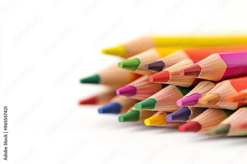 Stack of colored pencils with sharpened tips pointing outward, creating a vibrant and textured composition. Horizontal photo with copy space. blur, soft focus Stack of colored pencils with sharpened tips pointing outward, creating a vibrant and textured composition. Horizontal photo with copy space. blur, soft focus