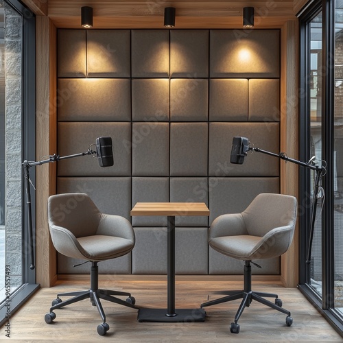 A minimalist podcast recording studio with two high-back chairs, positioned next to a wooden table. Two microphones are set up on flexible arms, ready for interviews. The clean design offers a profess photo