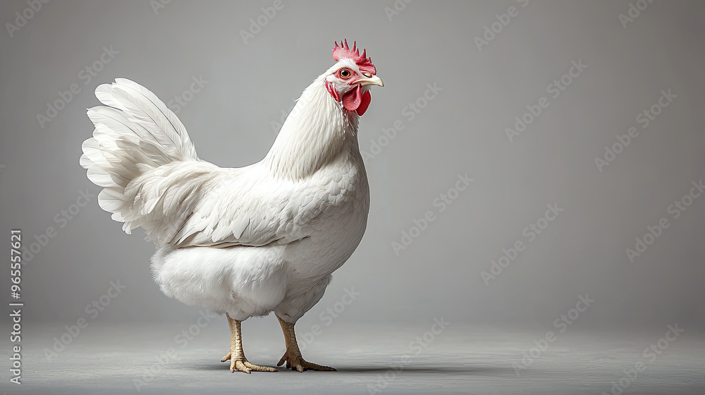 Side view of a white chicken standing alone against a light grey background in a studio setting. Side view of a white chicken standing alone against a light grey background in a studio setting.