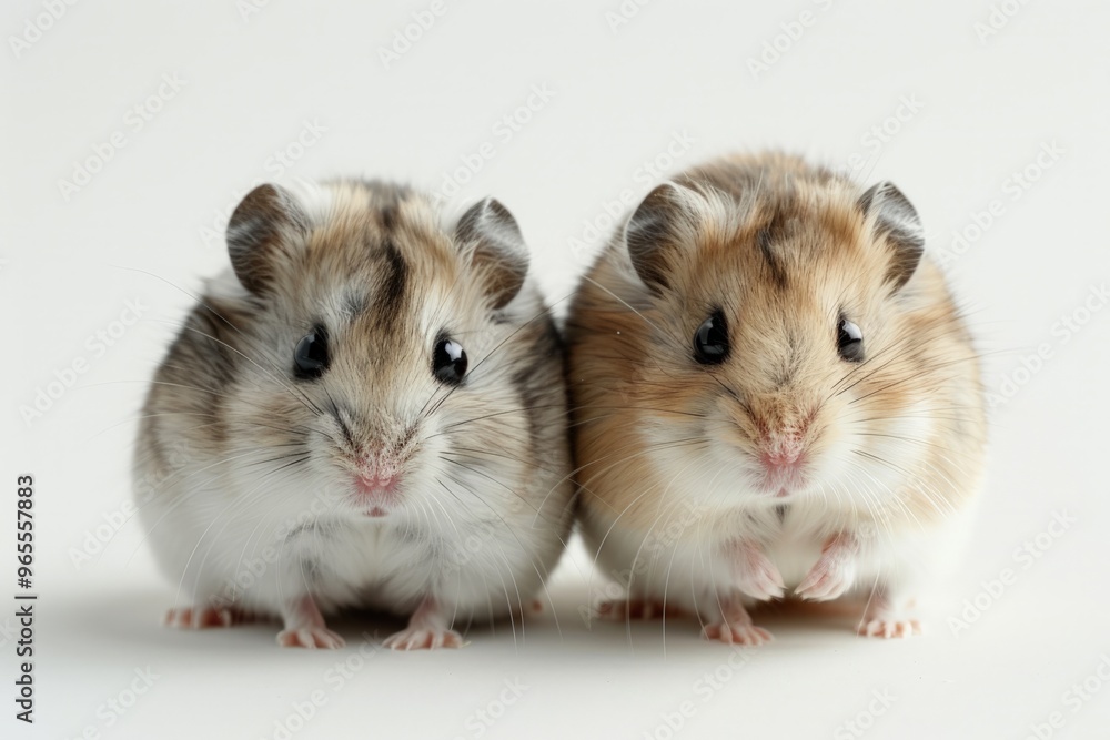 Two adorable hamsters sitting side by side against a white background, looking directly at the camera with curious expressions. Horizontal photo with copy space. Two adorable hamsters sitting side by side against a white background, looking directly at the camera with curious expressions. Horizontal photo with copy space.