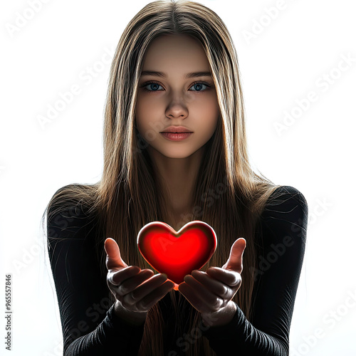 Young woman with long brown hair holding a glowing red heart with both hands, wearing a black shirt, blue eyes, and a calm expression. photo