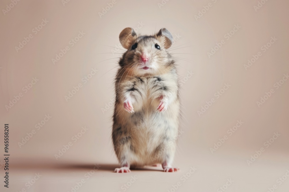 Cute hamster standing on hind legs against a neutral background, looking directly at the camera with a curious expression, paws close together. Soft light, copy space. Cute hamster standing on hind legs against a neutral background, looking directly at the camera with a curious expression, paws close together. Soft light, copy space.