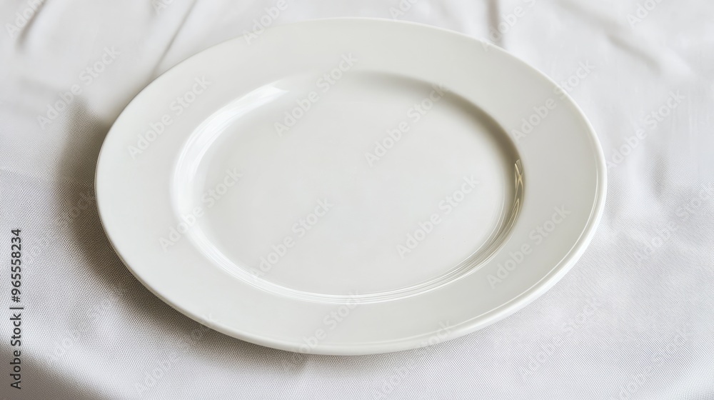 A clean, empty white plate on a white linen tablecloth, awaiting a meal to be served. A clean, empty white plate on a white linen tablecloth, awaiting a meal to be served.