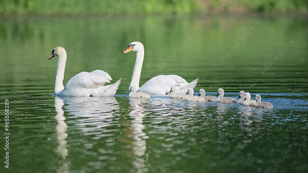 a beautiful Swan (Cygnus olor) family with young chicks swimming on a lake looking for food on a sunny summer morning in Göttingen - Lower Saxony - Germany - Europe a beautiful Swan (Cygnus olor) family with young chicks swimming on a lake looking for food on a sunny summer morning in Göttingen - Lower Saxony - Germany - Europe