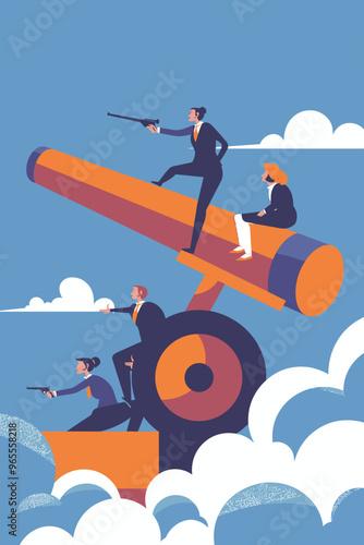 Confident Businesspeople Using Cannon to Overcome Obstacles and Achieve Success