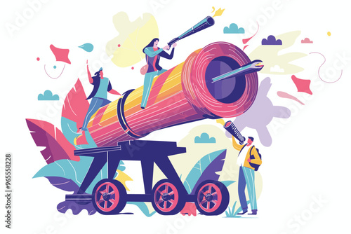 Confident Businesspeople Using Cannon to Overcome Obstacles and Achieve Success