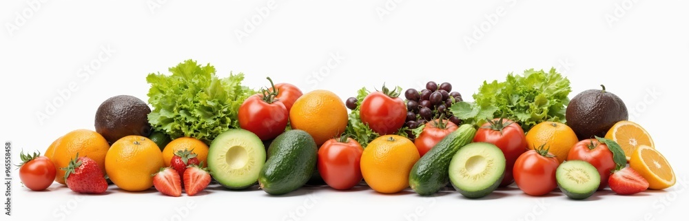 A diverse array of fruits and vegetables, including oranges, avocados, strawberries, grapes, cucumbers, and carrots, is arranged diagonally on a white background, showcasing vibrant colors. A diverse array of fruits and vegetables, including oranges, avocados, strawberries, grapes, cucumbers, and carrots, is arranged diagonally on a white background, showcasing vibrant colors.
