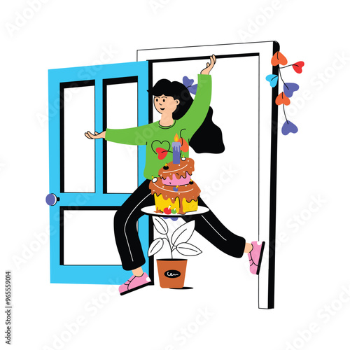 Birthday cake delivery character vector illustration in modern style