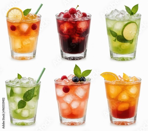 This image displays a 3x3 grid of nine unique, colorful drinks in clear glasses, each with a straw and garnished with fruit and mint leaves, set against a white background