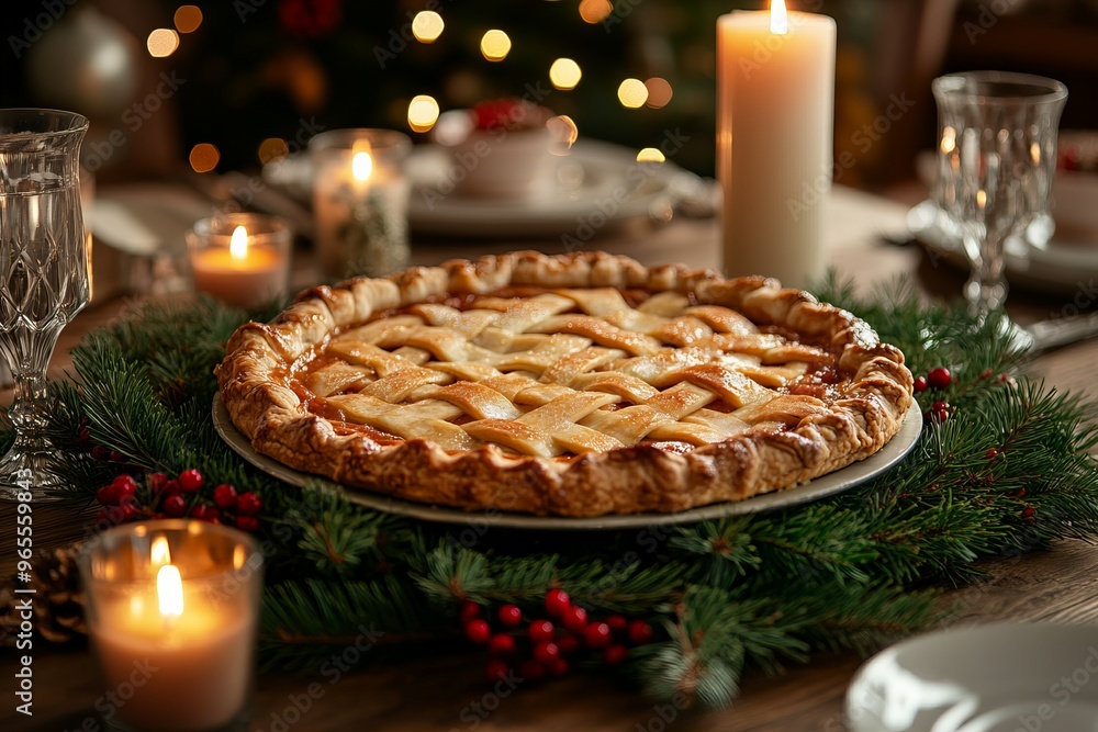 Freshly Baked Crispy Delicious Classic Apple Pie on Festive Christmas Table new beautiful stock image illustration AI Freshly Baked Crispy Delicious Classic Apple Pie on Festive Christmas Table new beautiful stock image illustration AI
