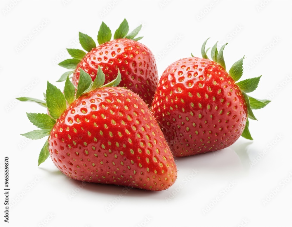 Three vibrant red strawberries with white spots and green leaves are arranged in a triangle formation on a white background, creating a visually appealing and balanced composition Three vibrant red strawberries with white spots and green leaves are arranged in a triangle formation on a white background, creating a visually appealing and balanced composition