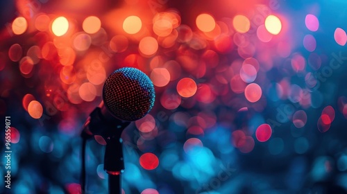 A close-up of a microphone in a vibrant concert setting, illuminated by colorful bokeh lights in the background.