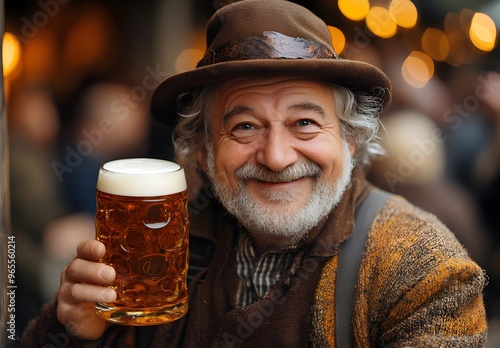 A warm and inviting scene featuring an elderly man holding a large beer stein filled with amber beer photo