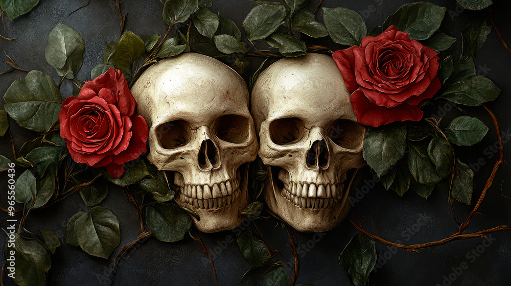 Two skulls with red roses and green leaves. Two skulls with red roses and green leaves.