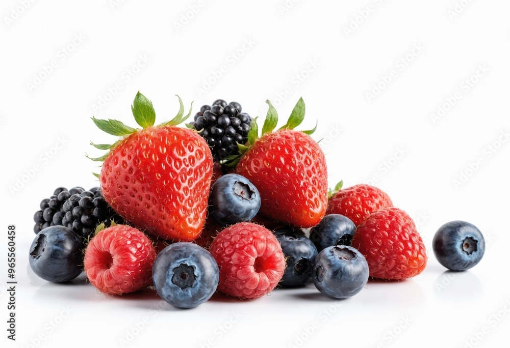 A pyramid of fresh strawberries and blueberries, with vibrant red and dark blue hues, is arranged against a white background, creating a visually appealing and balanced composition A pyramid of fresh strawberries and blueberries, with vibrant red and dark blue hues, is arranged against a white background, creating a visually appealing and balanced composition