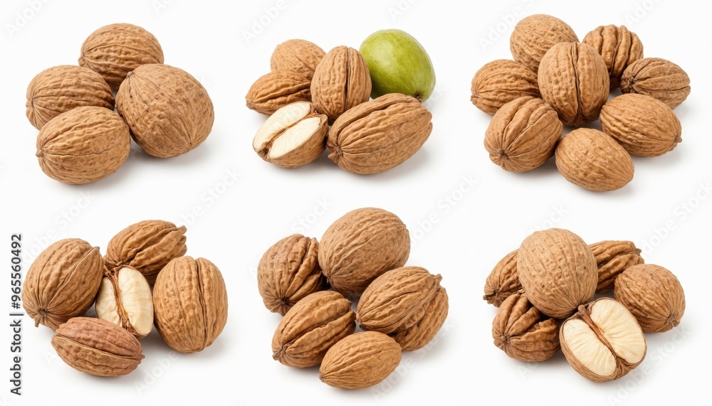 a grid of six photos of six walnuts, each showcasing a different stage of their development, with a single green almond at the top left corner a grid of six photos of six walnuts, each showcasing a different stage of their development, with a single green almond at the top left corner