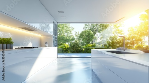 A sleek white modern kitchen with minimalist decor and sunlight streaming through the window.