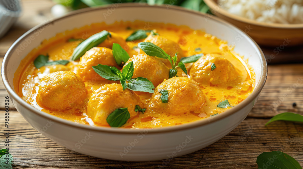 close-up bowl of thick and soft yellow curry fish balls in a white bowl on a wooden kitchen table close-up bowl of thick and soft yellow curry fish balls in a white bowl on a wooden kitchen table