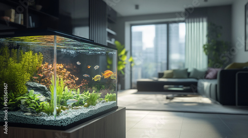 beautiful home aquarium, in a minimalist contemporary apartment. Background reveals sleek, modern furniture with subtle accents of monochromatic color scheme photo