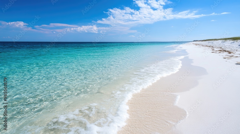 A white sand beach with clear turquoise waters lapping at the shore under a bright blue sky A white sand beach with clear turquoise waters lapping at the shore under a bright blue sky