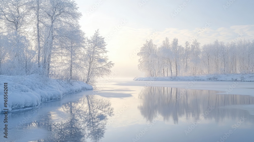 A white winter landscape with snow-covered trees and a serene frozen lake reflecting the pale sky A white winter landscape with snow-covered trees and a serene frozen lake reflecting the pale sky