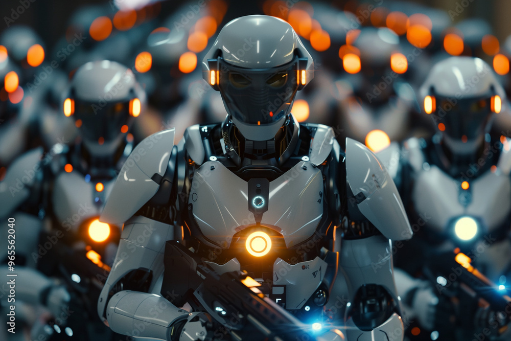 An army of identical robots or humanoids wearing smart armor with lights and helmets. An army of identical robots or humanoids wearing smart armor with lights and helmets.