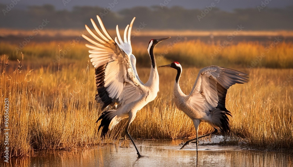Fototapeta premium A pair of elegant cranes dancing together in a wetland.
