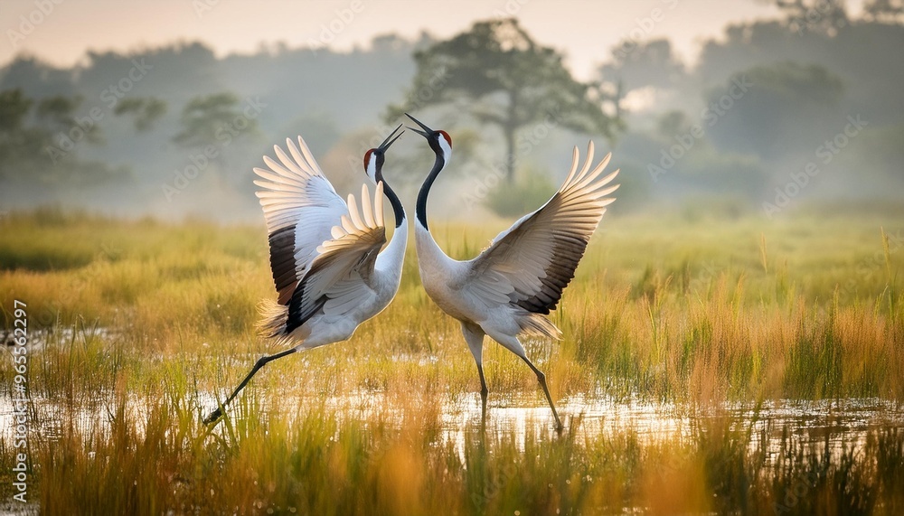 Fototapeta premium A pair of elegant cranes dancing together in a wetland.