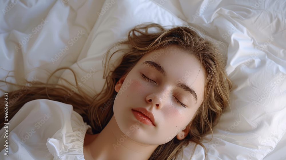 Close-up of beautiful woman's face sleeping soundly on comfort white pillow and white mattress against neutral sunlight background in the morning Close-up of beautiful woman's face sleeping soundly on comfort white pillow and white mattress against neutral sunlight background in the morning