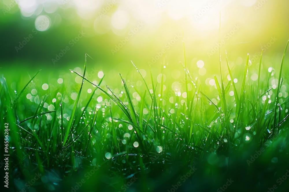 A close-up view of fresh green grass with dew drops on them, soft beautiful morning light A close-up view of fresh green grass with dew drops on them, soft beautiful morning light