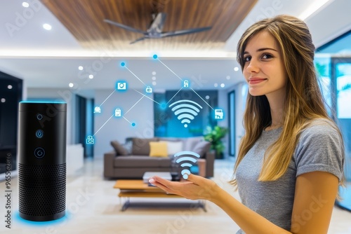 A young woman using a smart home assistant to turn off the lights in her living room. photo