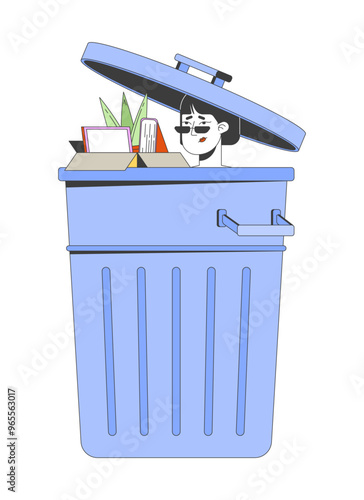 Sad discharged asian woman in waste container 2D cartoon character. Female feeling useless after firing from job isolated person flat vector on white background. Spot illustration colorful