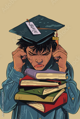 Exhausted Student Holding Textbooks and Graduation Cap with Price Tag, Upset by High Cost of Education