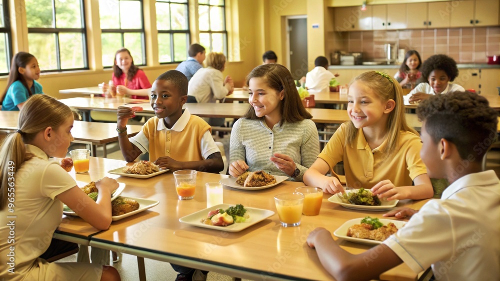 Obraz premium Lively school cafeteria scene with students enjoying lunch in a friendly atmosphere
