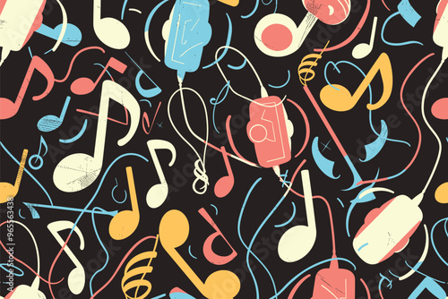 Earphones and Musical Notes with Sound Waves Seamless Pattern, Printable Wallpaper Decor