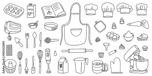  Collection of baking accessories. Set of kitchen utensils in doodle style on a white background. Vector 