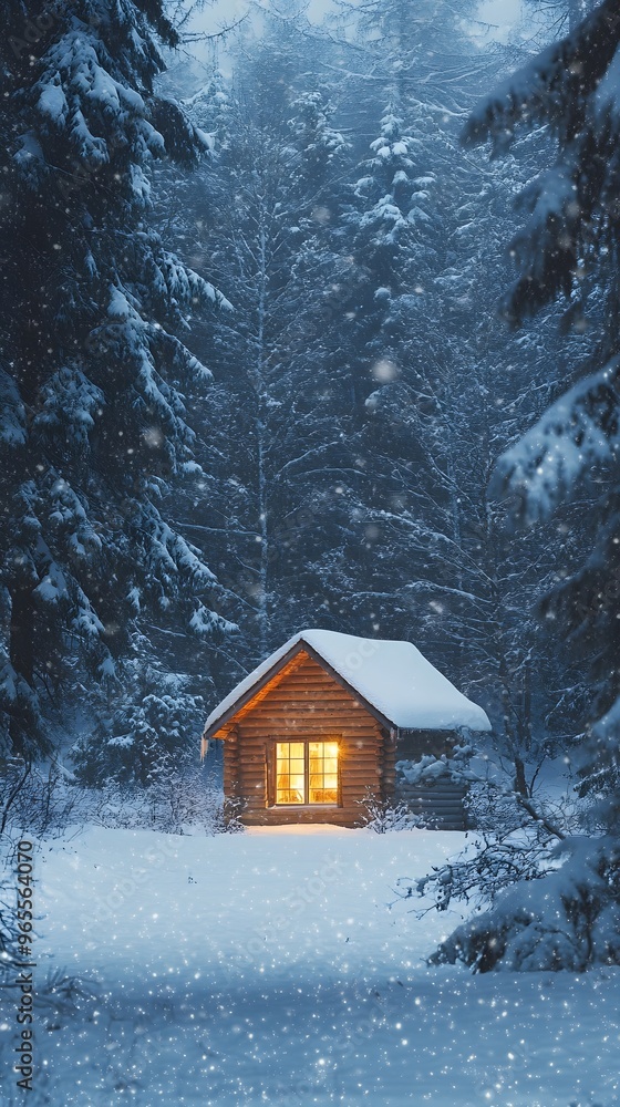 Cozy cabin in a snowy forest with warm light glowing through windows. Enchanting winter night scene Cozy cabin in a snowy forest with warm light glowing through windows. Enchanting winter night scene