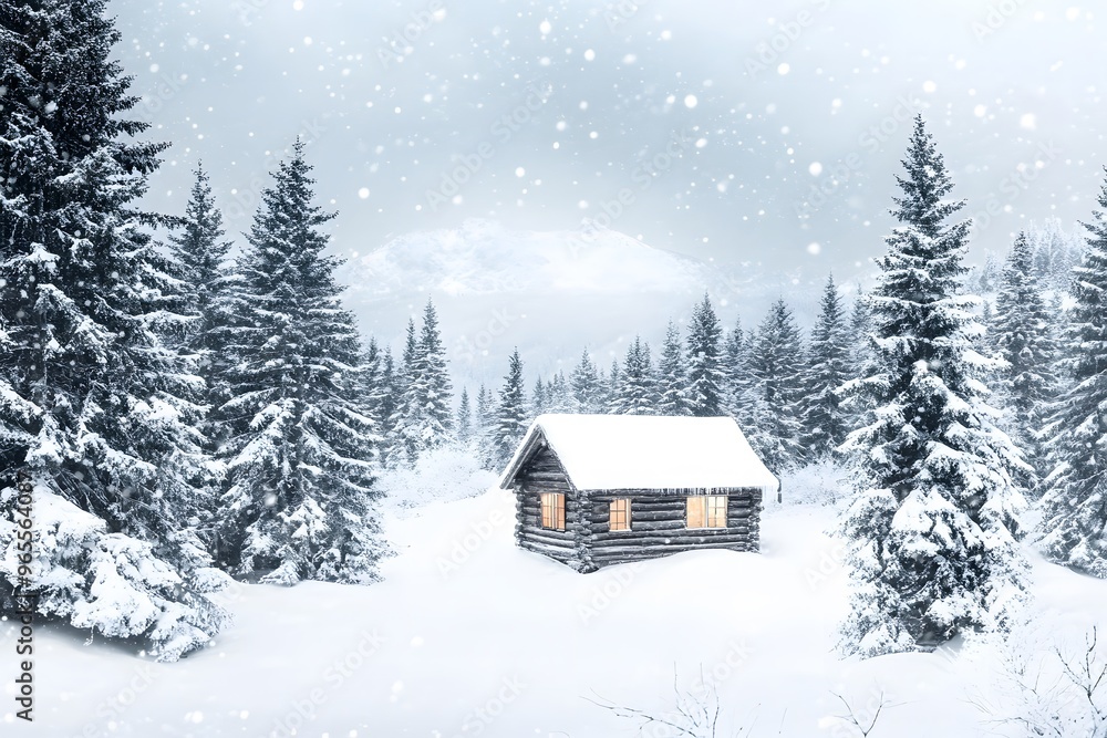 Cozy cabin nestled in a snowy forest landscape during a gentle snowfall. Winter nature concept Cozy cabin nestled in a snowy forest landscape during a gentle snowfall. Winter nature concept