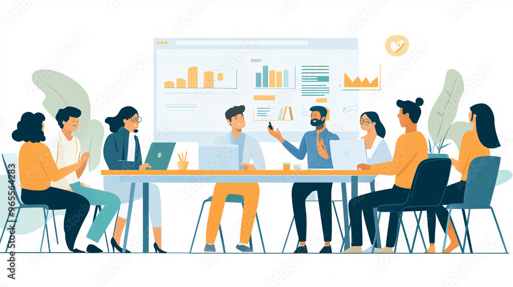 A diverse group of colleagues engaged in a workplace wellness workshop, discussing health tips around a conference table, with a visible presentation slide in the background showing health statistics A diverse group of colleagues engaged in a workplace wellness workshop, discussing health tips around a conference table, with a visible presentation slide in the background showing health statistics