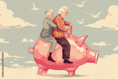 Elderly Couple Riding Piggy Bank to Financial Wealth, Protecting Savings and Searching for Profitable Pension Fund Dividends